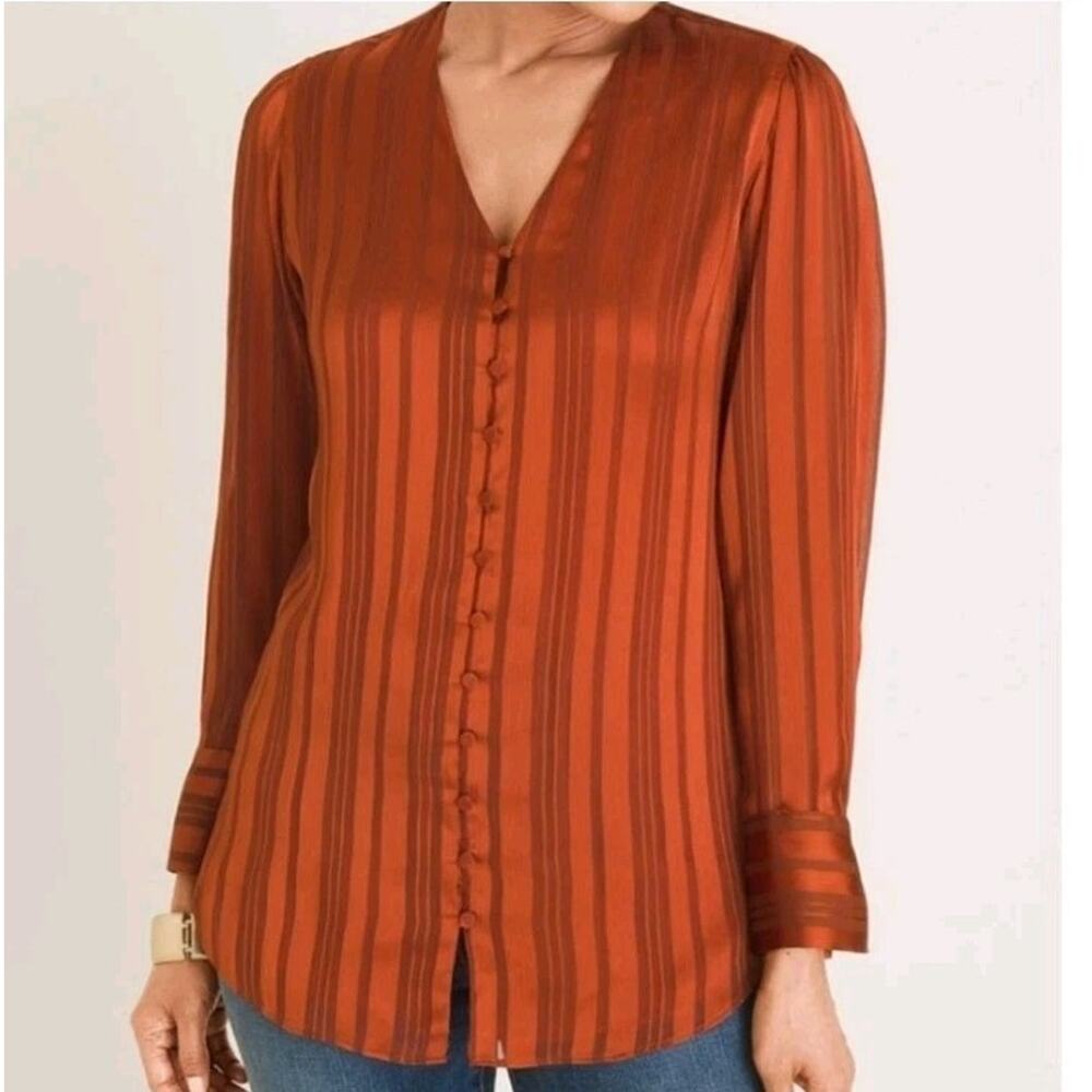 Chico's Orange Satin Striped Button Up Long Sleeve‎ Scarf Tie Blouse Size 8